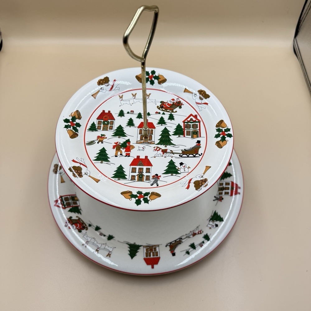 Jamestown China The Joy of Christmas 2 Tiered Serving Stand Ceramic Plates Retro